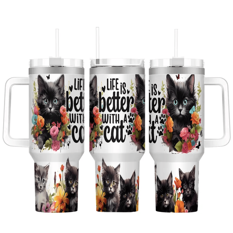 Cat 40 Oz Tumbler Life Is Better With A Cat Tumbler 40 Oz Black White