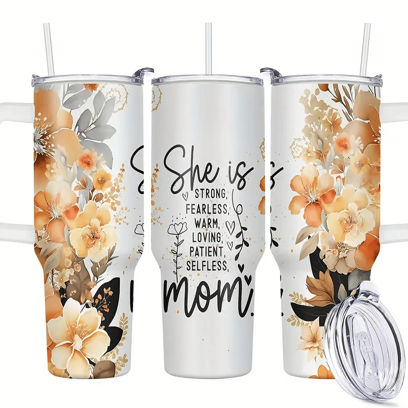 Mother 40 Oz Tumbler She Is Strong Mom Flower Pattern Tumbler 40 Oz White Orange