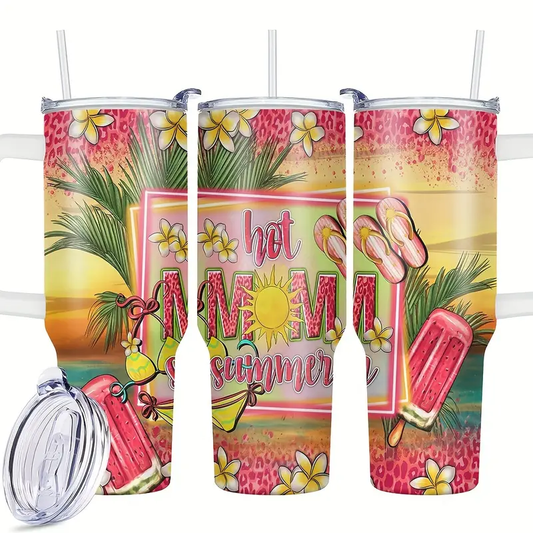 Mother 40 Oz Tumbler Hot Mom Summer Tropical Pattern Tumbler 40 Oz Pink