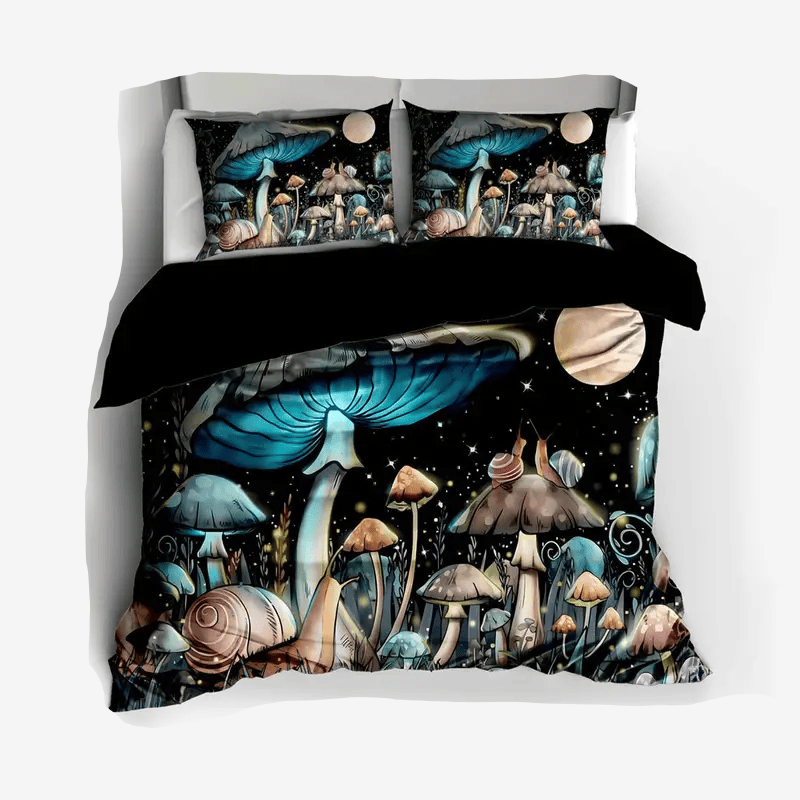 Mushroom Bedding Set Forest Mushroom Snail Pattern Duvet Covers Black Unique Gift