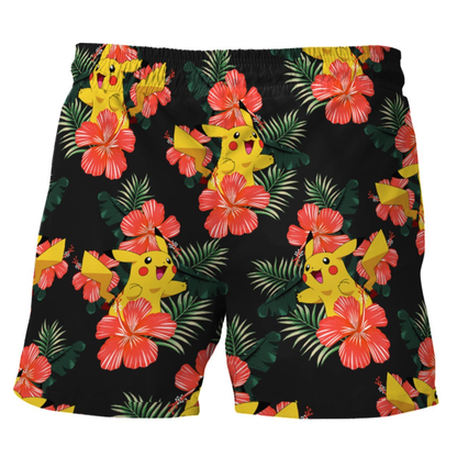 PKM Shorts PKM Pikachu Tropical Flower Pattern Beach Shorts Black Yellow