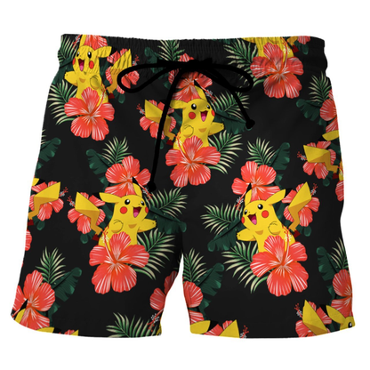 PKM Shorts PKM Pikachu Tropical Flower Pattern Beach Shorts Black Yellow