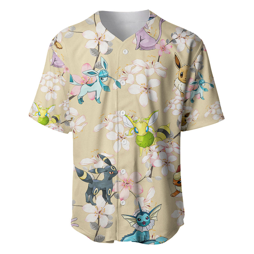 PKM Baseball Jersey Eeveelutions Cherry Blossoms Pattern Jersey Shirt Colorful Unisex