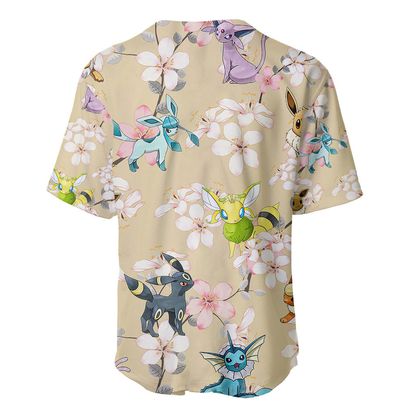 PKM Baseball Jersey Eeveelutions Cherry Blossoms Pattern Jersey Shirt Colorful Unisex