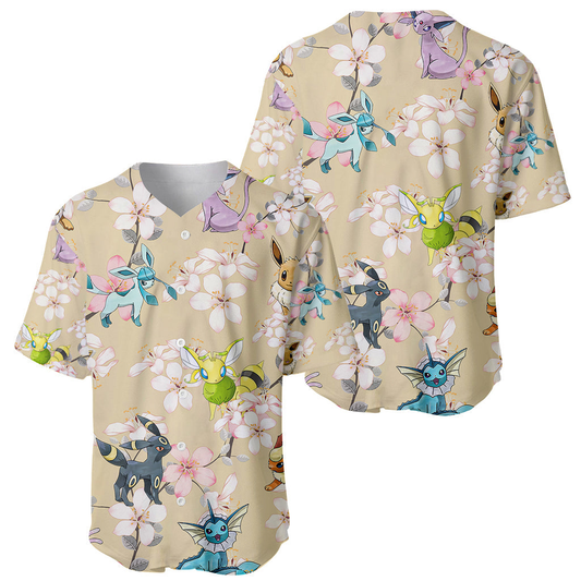 PKM Baseball Jersey Eeveelutions Cherry Blossoms Pattern Jersey Shirt Colorful Unisex