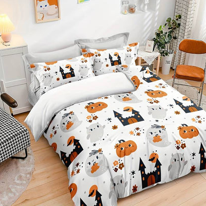 Halloween Bedding Set Cute Ghost Pumpkin Haunted Castle Duvet Covers White Unique Gift