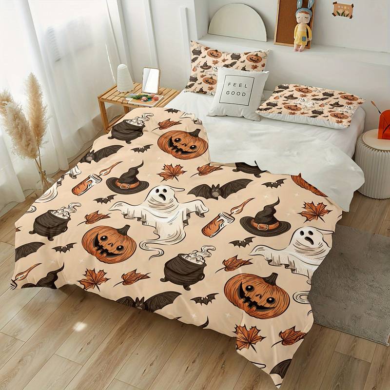 Halloween Bedding Set Pumpkin Ghost Bat Witch Hat Pattern Duvet Covers Colorful Unique Gift