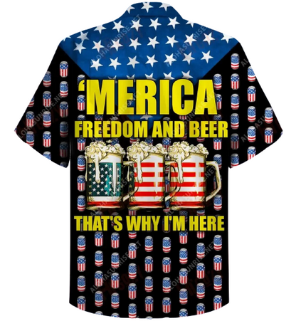 Beer Hawaiian Shirt American Flag Beer Cups Merica Freedom And Beer That's Why I'm Here Black Hawaii Aloha Shirt
