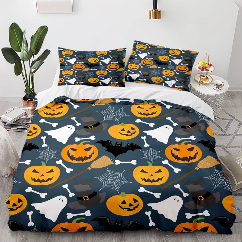 Halloween Bedding Set Pumpkin Ghost Broomstick Pattern Duvet Covers Gray Unique Gift