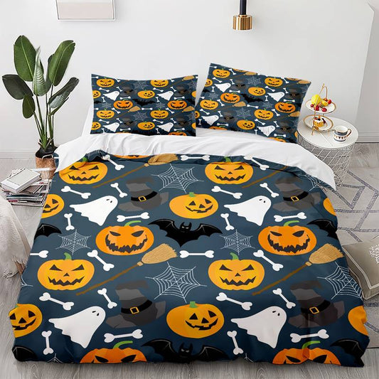 Halloween Bedding Set Pumpkin Ghost Broomstick Pattern Duvet Covers Gray Unique Gift