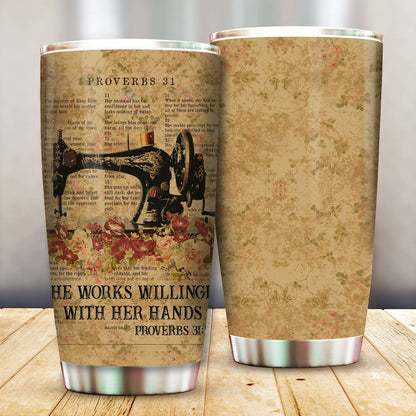 Unifinz Sewing Tumbler Vintage She Works Willingly With Her Hands Tumbler Cup Amazing Sewing Travel Mug 2023