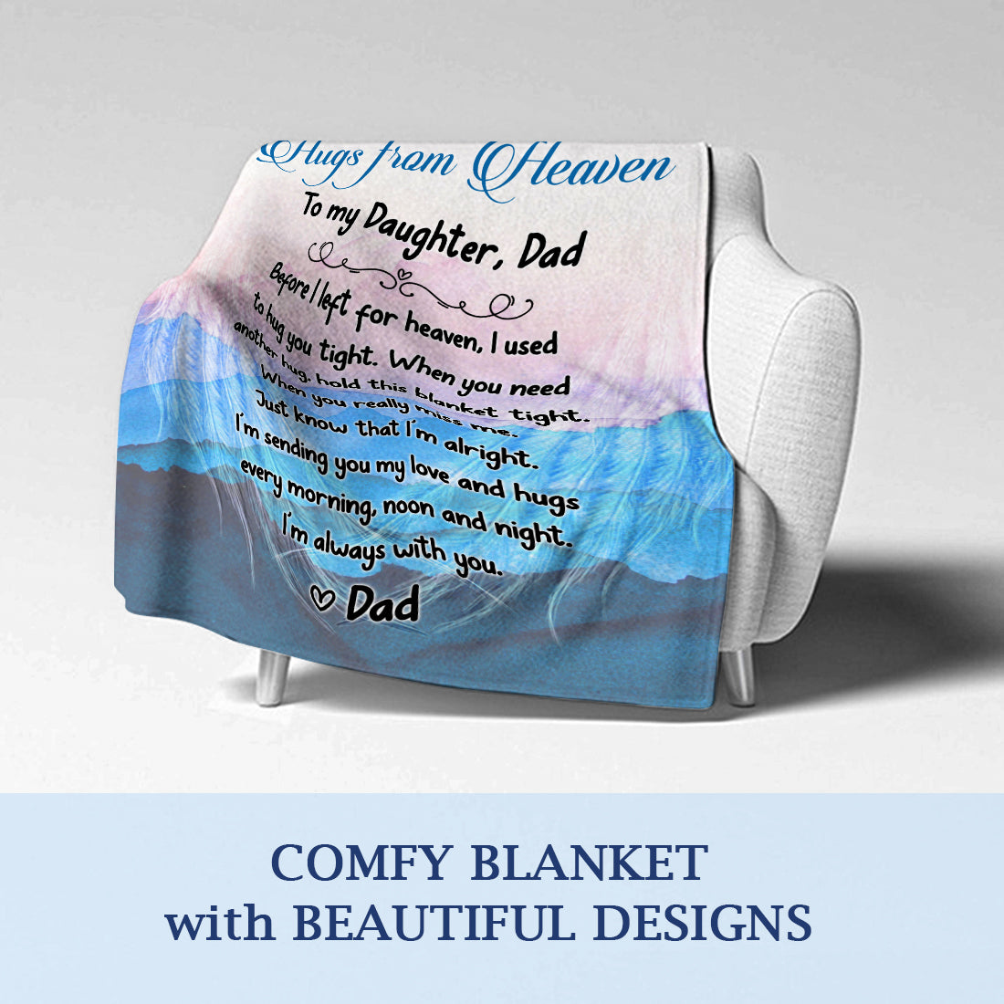 Father Sympathy Gift- Hugs From Heaven Blanket- To My Daughter Message From Dad in Heaven Memorial Gift For Loss Of Dad- Velveteen Plush Blanket