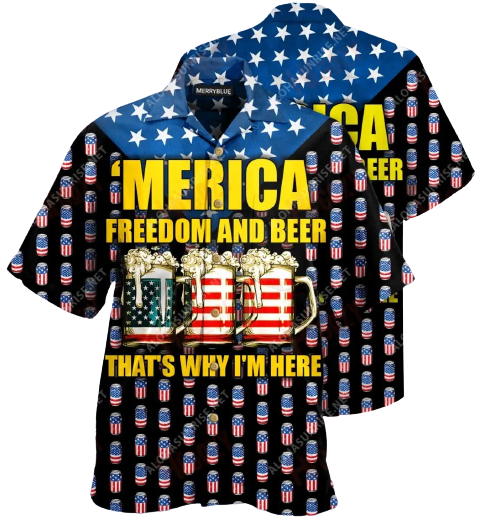 Beer Hawaiian Shirt American Flag Beer Cups Merica Freedom And Beer That's Why I'm Here Black Hawaii Aloha Shirt