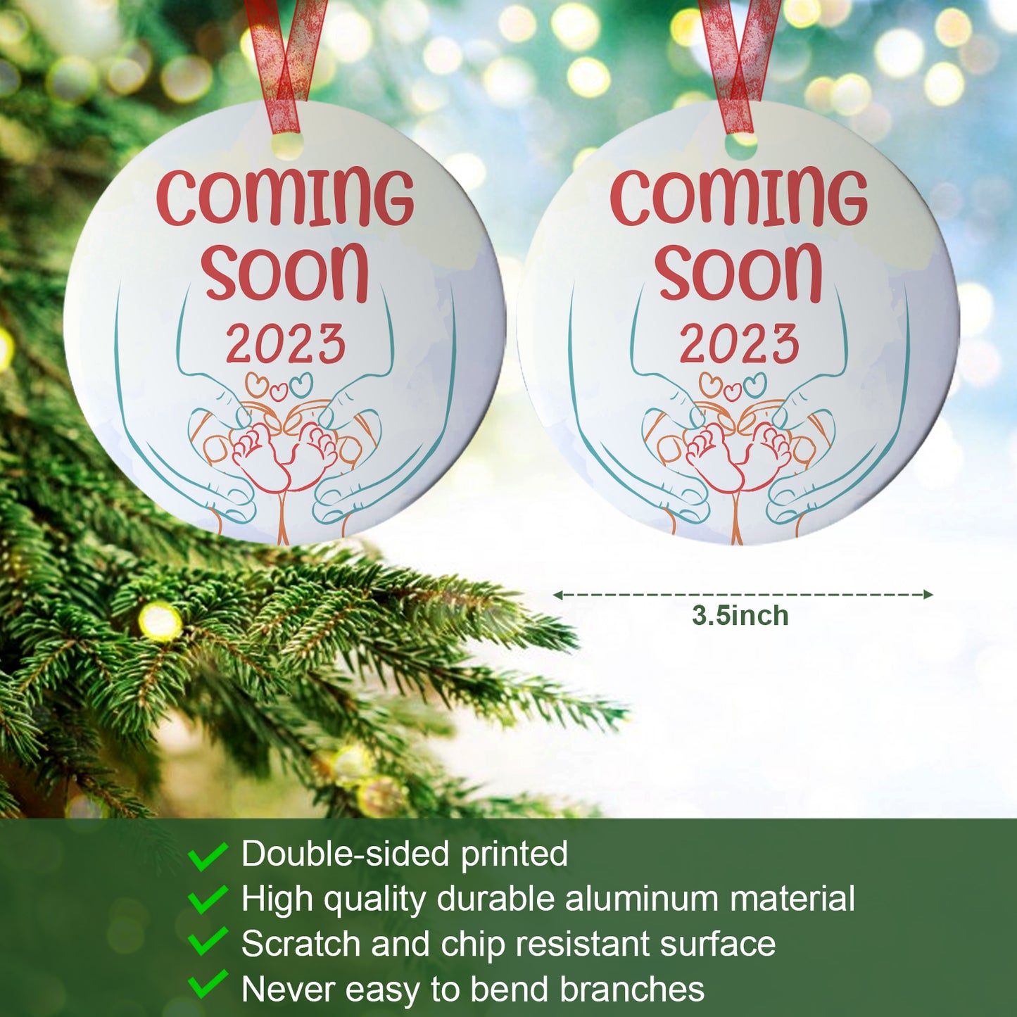 2023 Coming Soon Christmas Ornament Baby On The Way Ornament Expecting Baby Gift For New Parents-Aluminum Metal Ornament