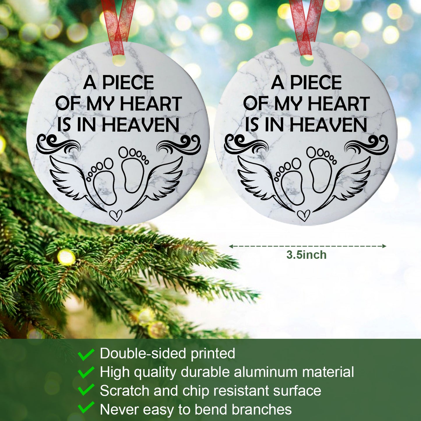 Miscarriage Ornament Christmas A Piece Of My Heart Is In Heaven Ornament Sympathy Keepsake Gift For The Loss Of Baby-Aluminum Metal Ornament With Ribbon