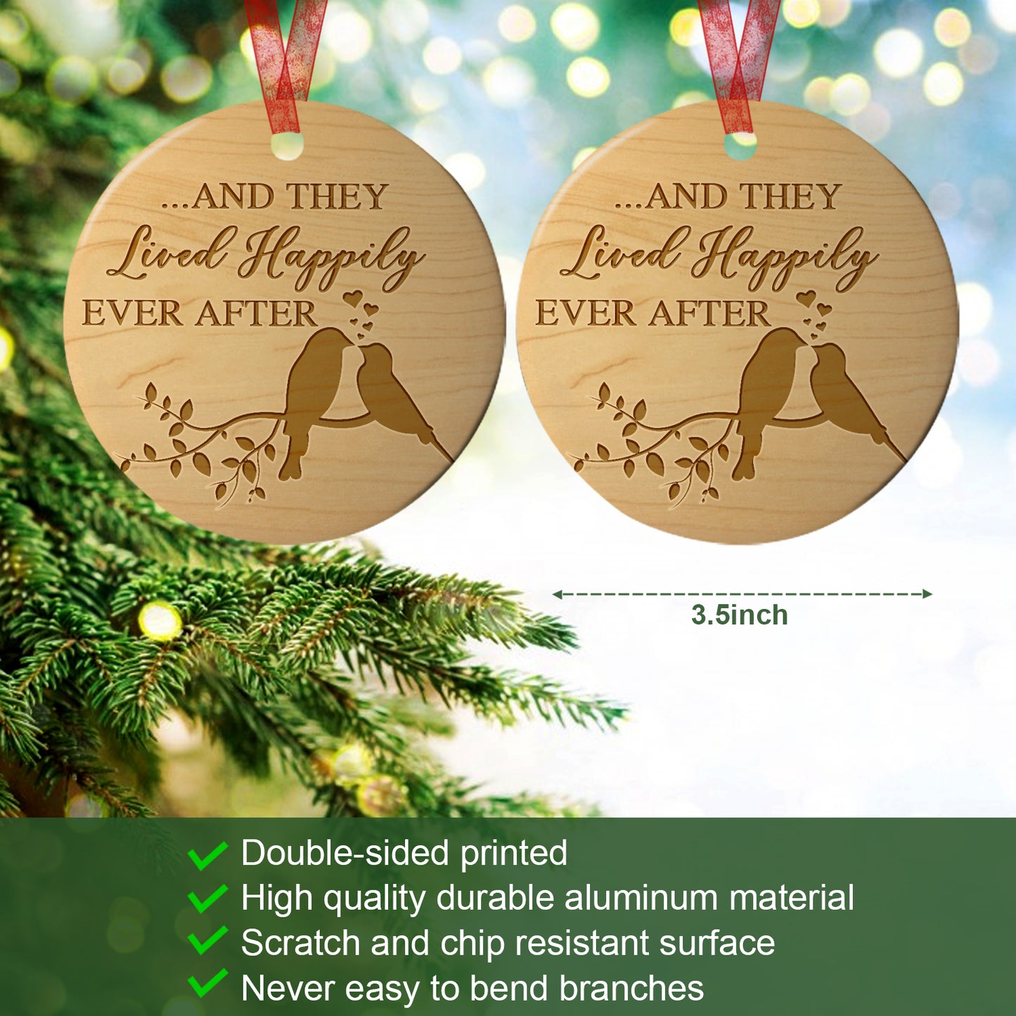 Married Ornament And They Live Happily Ever After Christmas Ornament Wedding Gift for Newlyweds Couple -Aluminum Metal Ornament with Ribbon