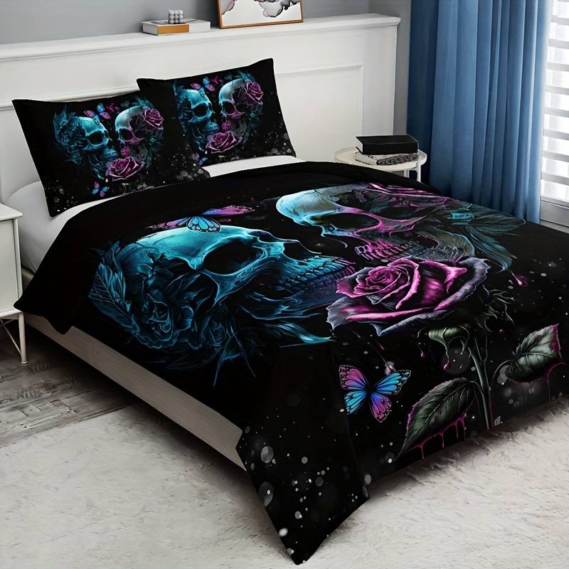 Skull Bedding Set Rose Ans Two Skulls Graphic Duvet Covers Black Blue Unique Gift