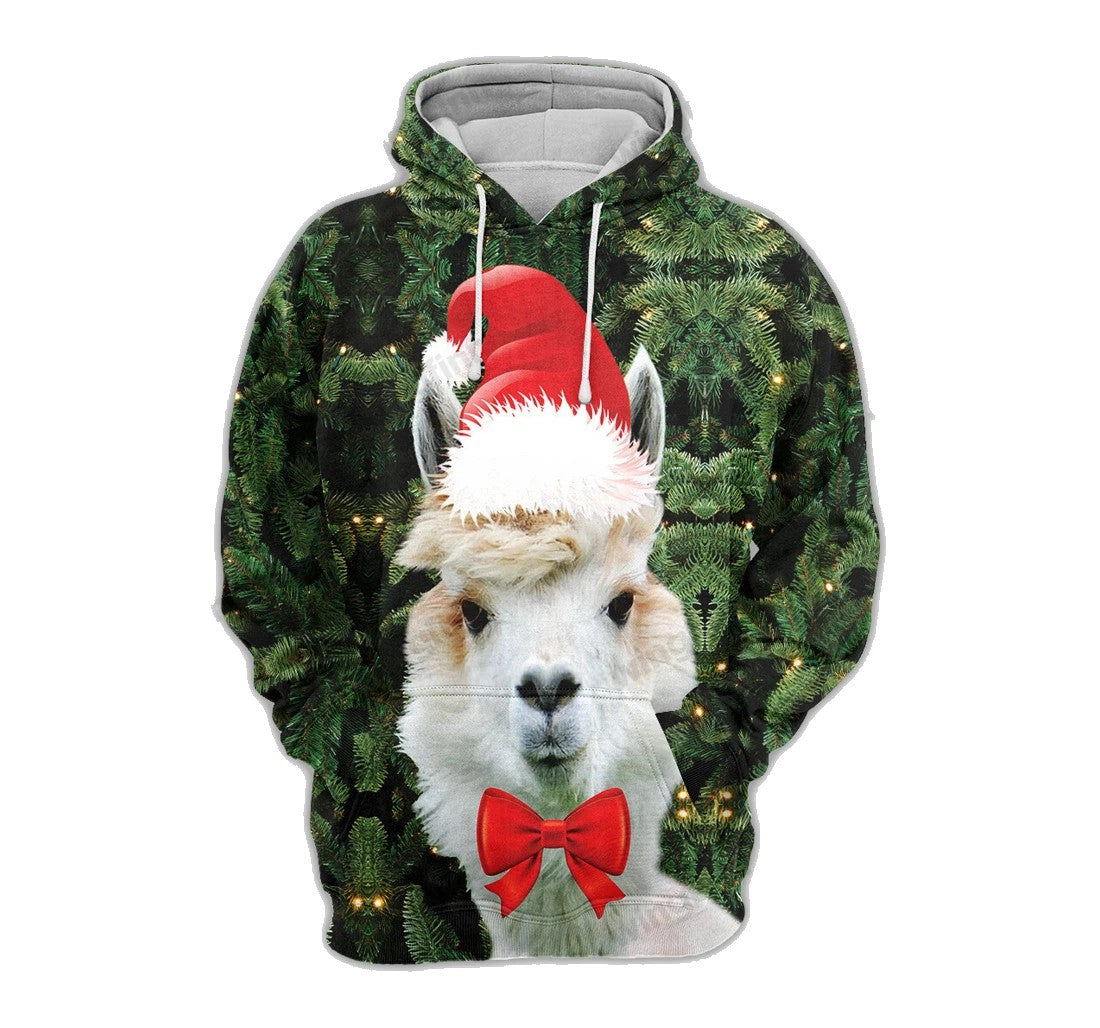 Llama Hoodie Llama Wears Santa Hat Christmas Tree Graphic Hoodie Green White Unisex