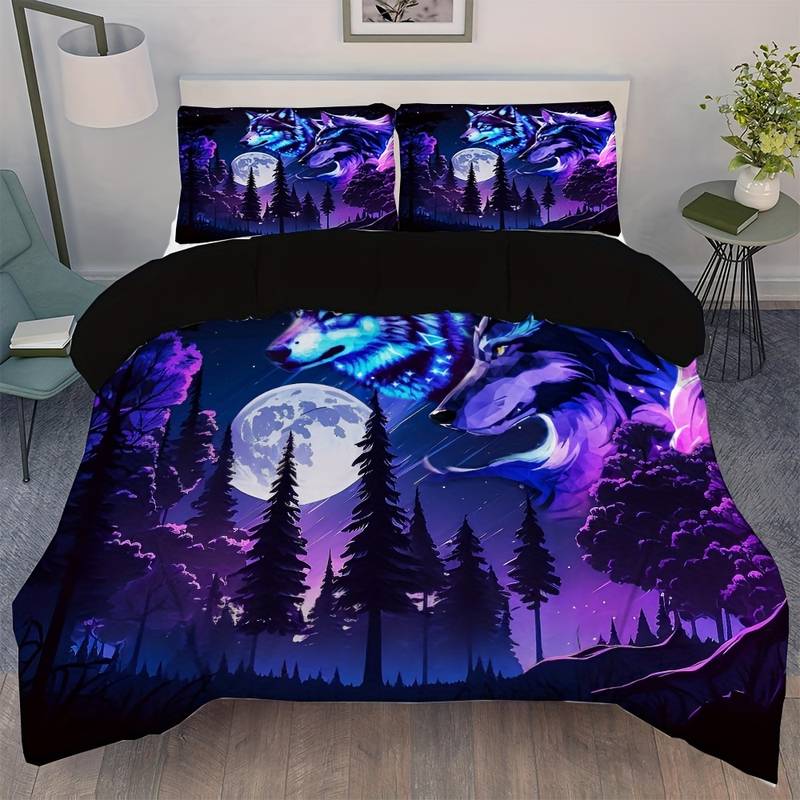 Wolf Bedding Set Starry Sky Forest Wolf Duvet Covers Purple Black Unique Gift