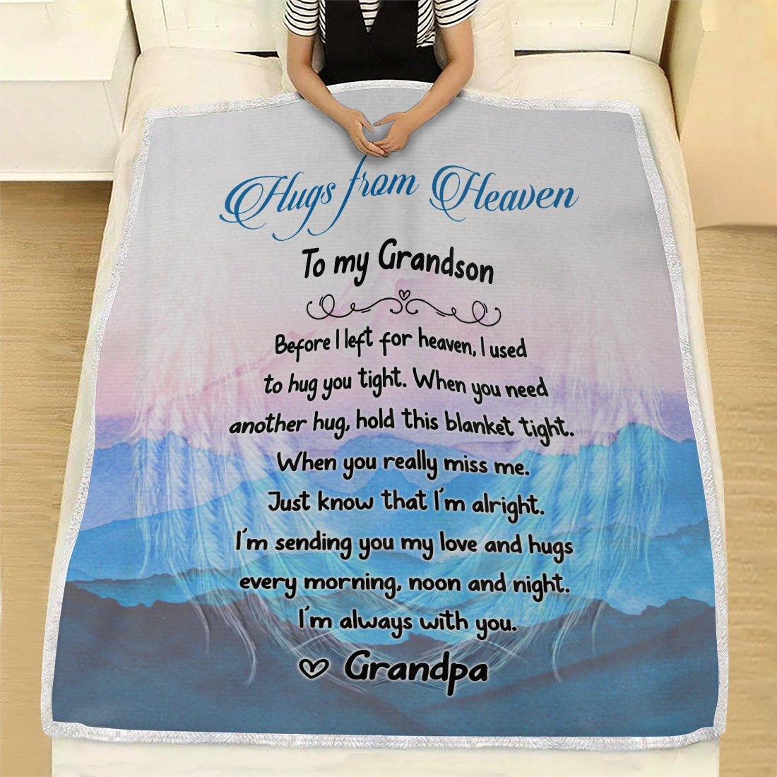 Sympathy Gift- Hugs From Heaven Blanket- To My Grandson Message From Grandpa in Heaven Memorial Gift For Loss Of Grandpa- Velveteen Plush Blanket