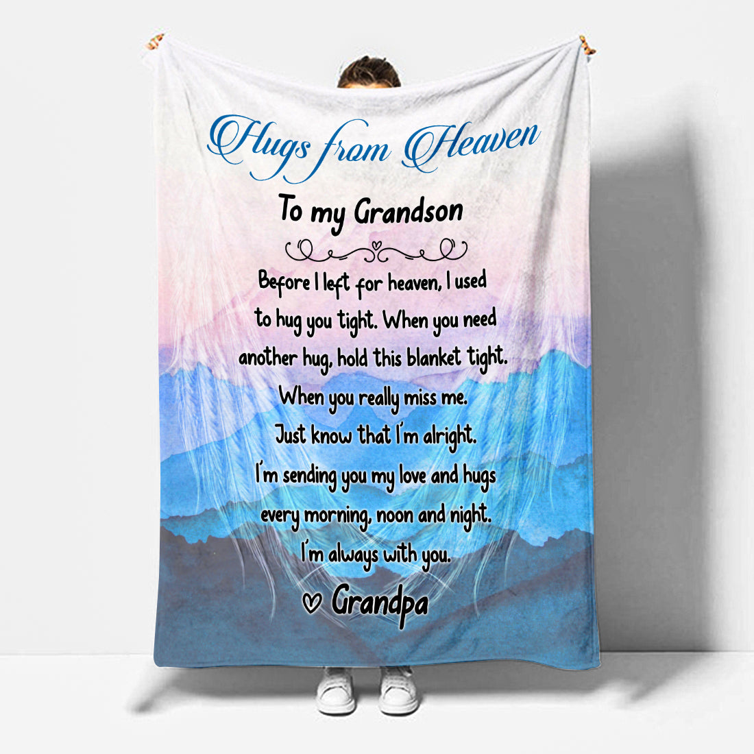 Sympathy Gift- Hugs From Heaven Blanket- To My Grandson Message From Grandpa in Heaven Memorial Gift For Loss Of Grandpa- Velveteen Plush Blanket