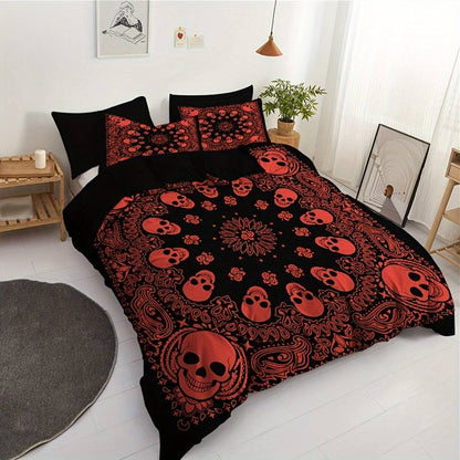 Skull Bedding Set Mandala Style Skull Head Pattern Duvet Covers Red Black Unique Gift