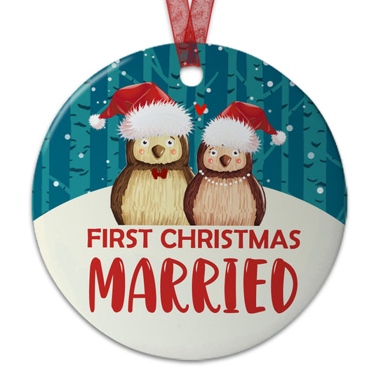 First Christmas Married Ornament Our First Christmas Married Owl Couple Ornament Wedding Gift For Newlywed Couples- Aluminum Metal Ornament Decoration