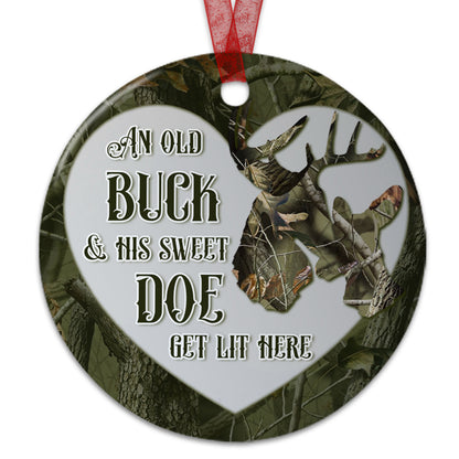 Deer Couple Ornament An Old Buck & His Sweet Doe Get Lit Here Ornament Wedding Gift For Hunting Couple-Aluminum Metal Ornament With Ribbon