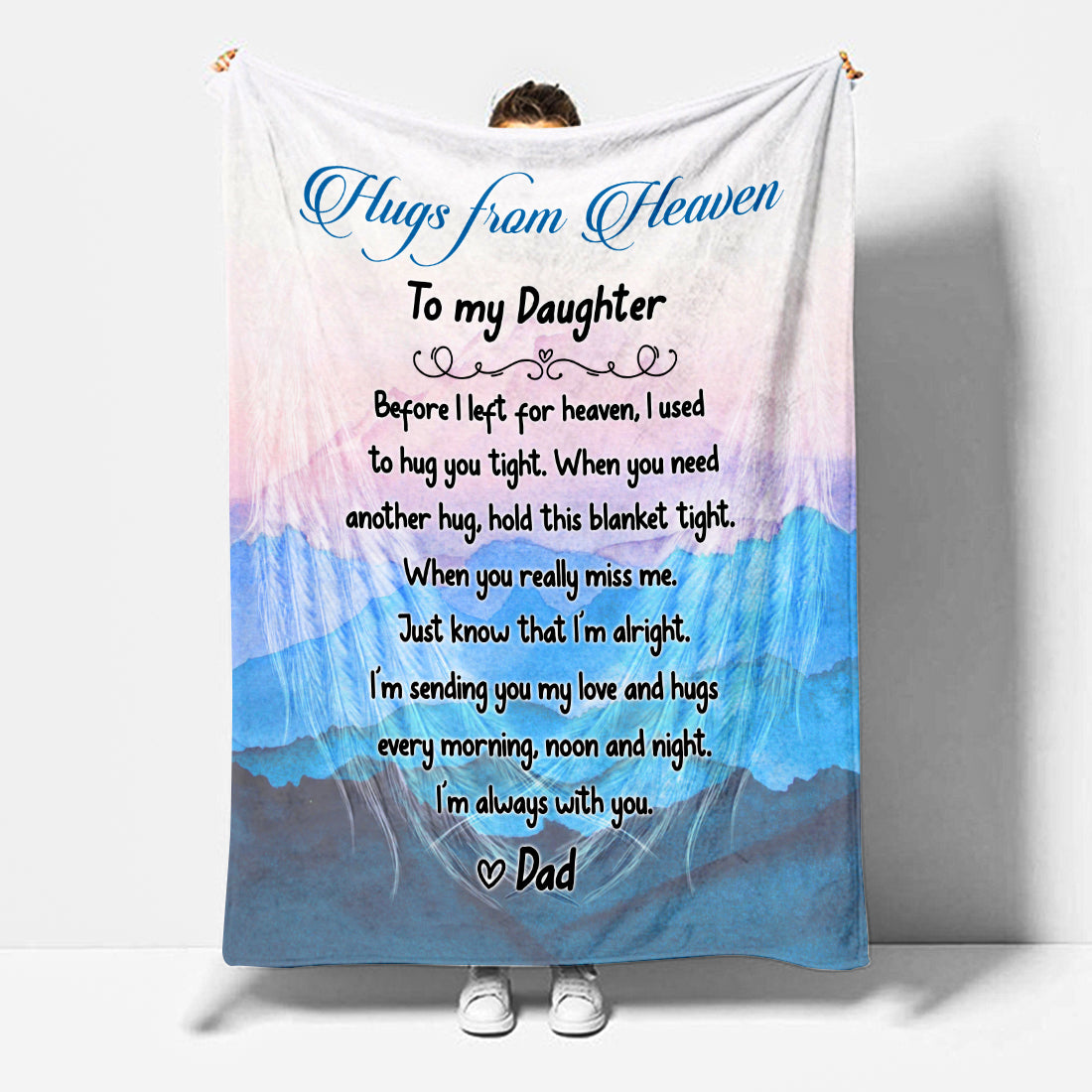 Father Sympathy Gift- Hugs From Heaven Blanket- To My Daughter Message From Dad in Heaven Memorial Gift For Loss Of Dad- Velveteen Plush Blanket