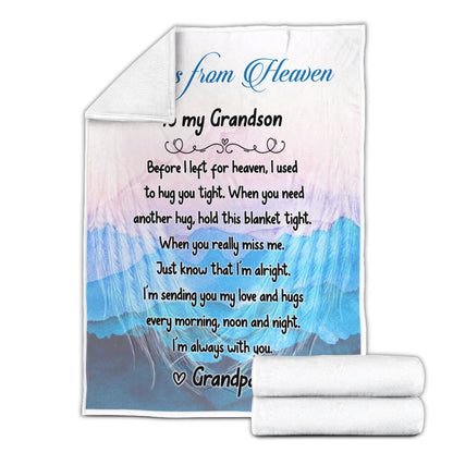 Sympathy Gift- Hugs From Heaven Blanket- To My Grandson Message From Grandpa in Heaven Memorial Gift For Loss Of Grandpa- Velveteen Plush Blanket