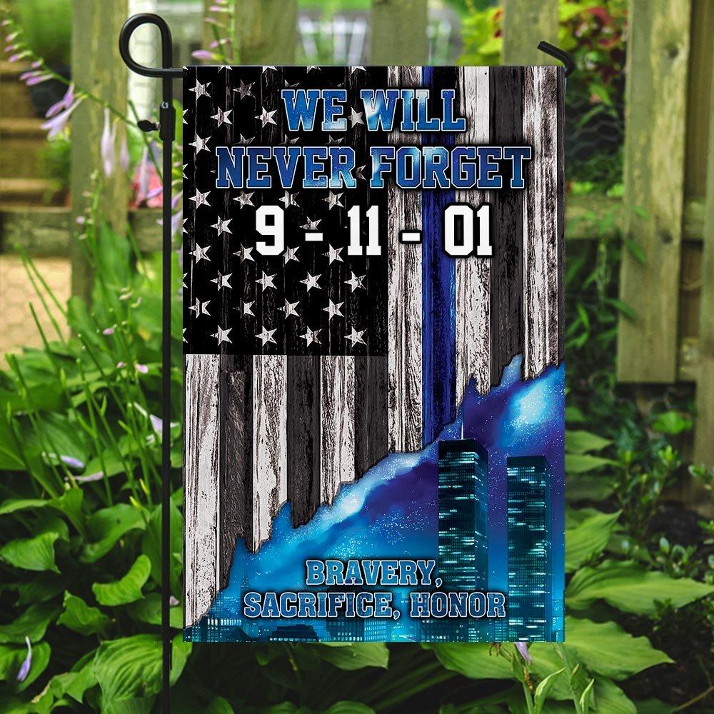 Patriot Day Garden Flag September 11th Flag Police We Will Never Forget 9-11-01 Bravery Sacrifice Honor Blue Garden Flag