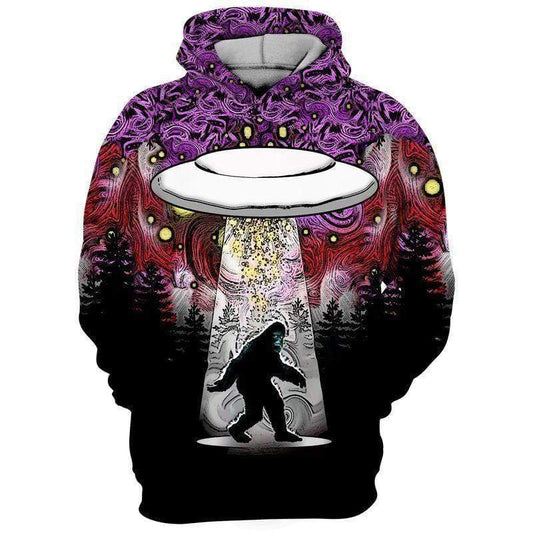 Unifinz Bigfoot UFO Hoodie Scary Bigfoot In The Dark Forest Pink Red Black Hoodie Apparel Adult Unisex Full Print 2022