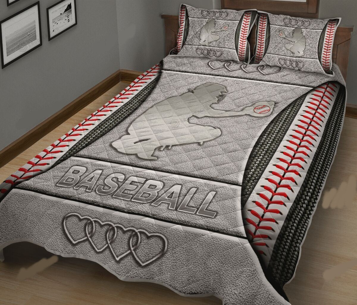 Baseball Bedding Set Baseball Catcher Silhouette Heart Pattern Duvet Covers Gray Unique Gift