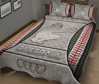 Baseball Bedding Set Baseball Catcher Silhouette Heart Pattern Duvet Covers Gray Unique Gift