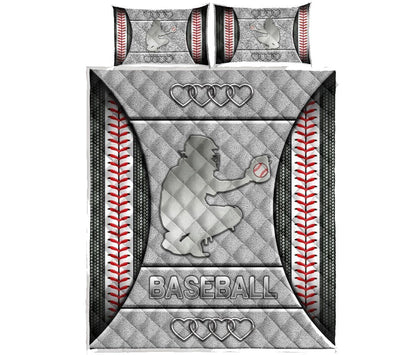 Baseball Bedding Set Baseball Catcher Silhouette Heart Pattern Duvet Covers Gray Unique Gift