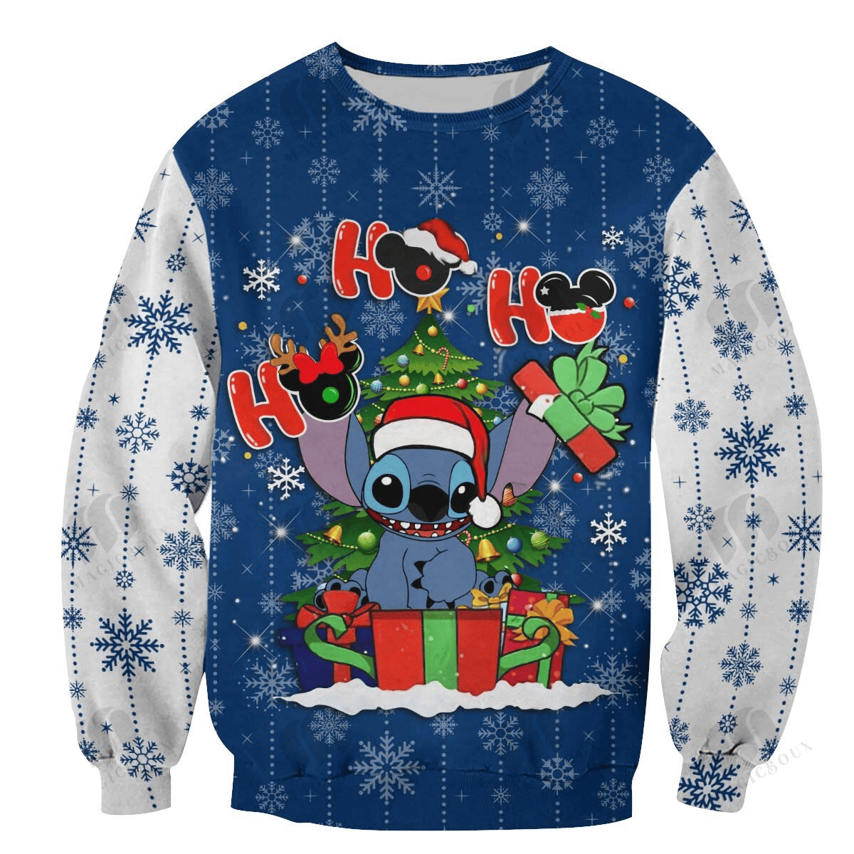 DN Stitch Sweatshirt Hohoho Stitch Snowflakes Pattern Sweatshirt Blue Unisex