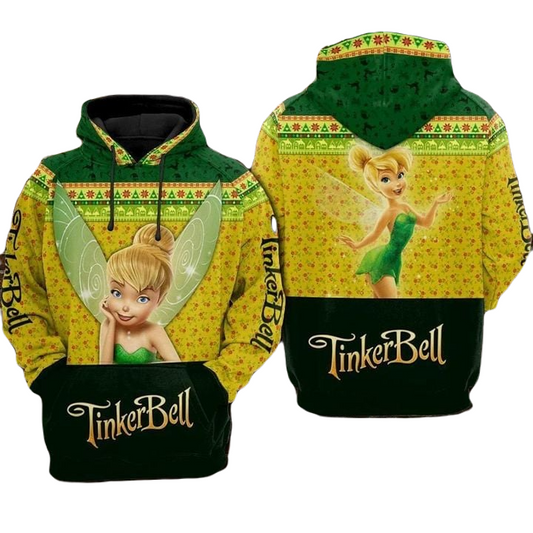 Tinker Bell Hoodie Tinker Bell Graphic Christmas Pattern Hoodie Yellow Green Unisex