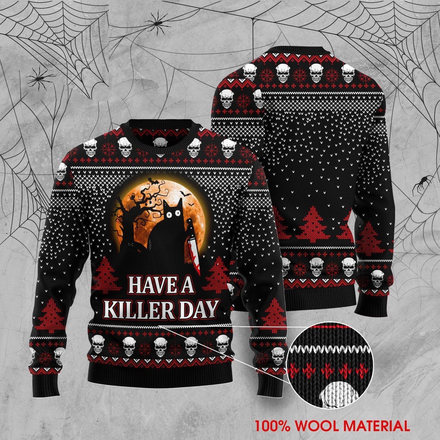 Cat Ugly Sweater Black Cat Halloween Have A Killer Day Black Red Sweater