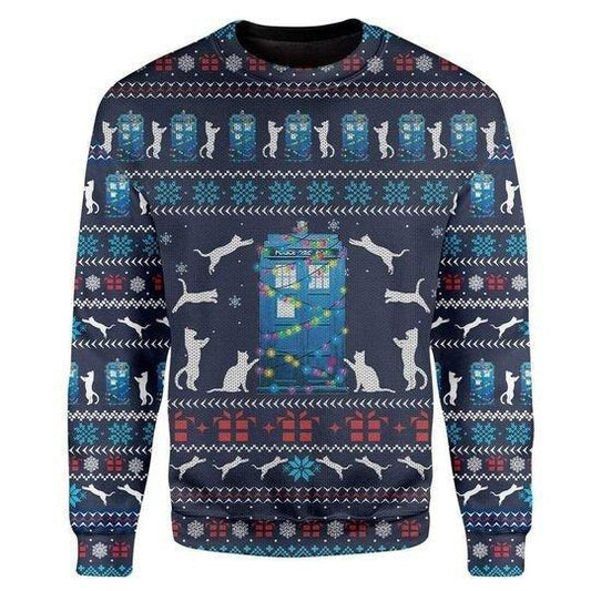 Cat Christmas Sweater Cat Tardis Christmas Pattern Blue Ugly Sweater