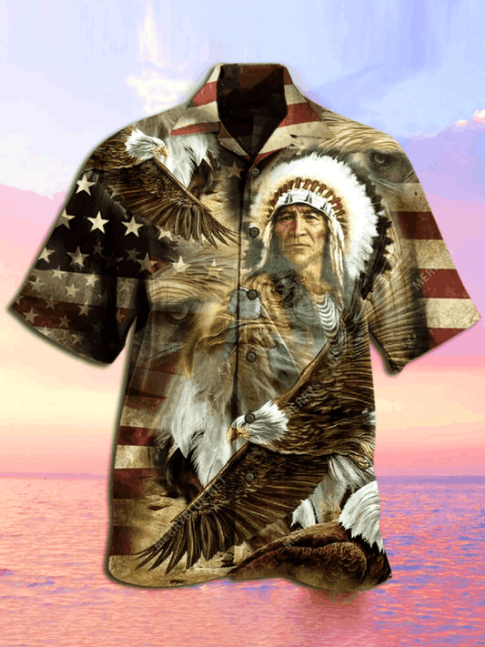 Unifinz Native American Hawaii Shirt Native American Chief Eagle American Flag Hawaiian Shirt Native American Aloha Shirt 2022