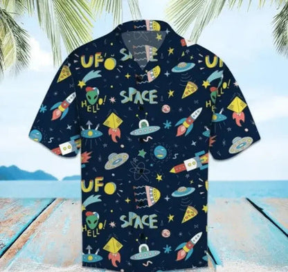 Unifinz UFO Hawaii Shirt UFO In Space Pattern Black Hawaiian Aloha Shirt 2022