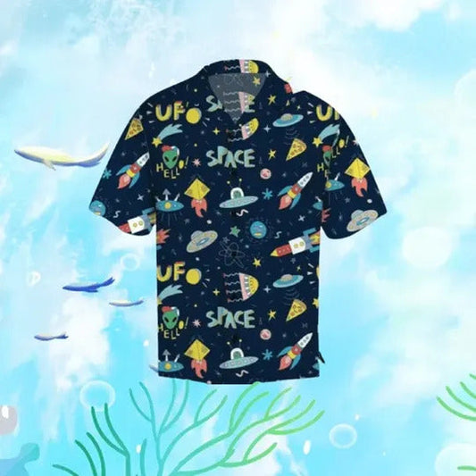 Unifinz UFO Hawaii Shirt UFO In Space Pattern Black Hawaiian Aloha Shirt 2022