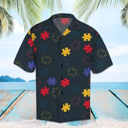 Unifinz Autism Hawaiian Shirt Autism Puzzle Piece Pattern Hawaii Shirt Autism Aloha Shirt 2022