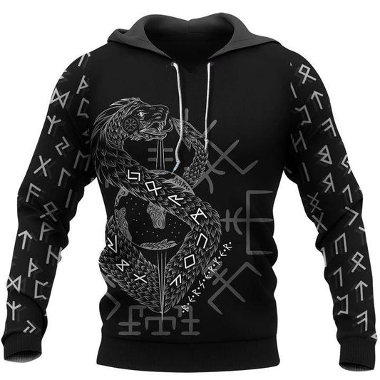  Viking Shirt Jormungandr The World Serpent Son Of Loki And Angrboda Rune Language Black T-shirt Viking Hoodie Adult Full Size