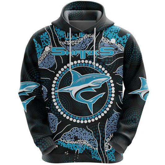 Shark Hoodie Shark Indigenous Pattern Blue Black Hoodie Shark Week Gift Adult Unisex Full Print