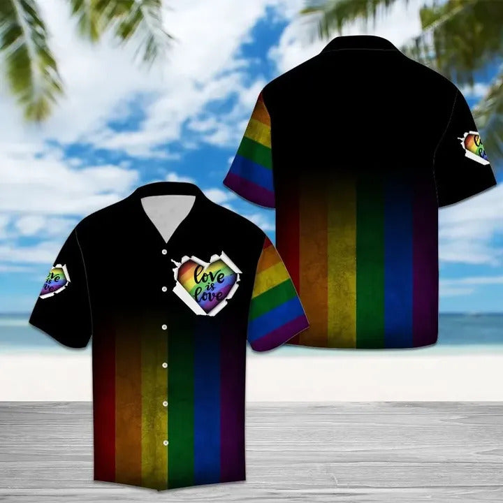 Unifinz LGBT Hawaiian Shirt Love Is Love Rainbow Striped Multicolor Black Hawaii Shirt LGBT Aloha Shirt 2022