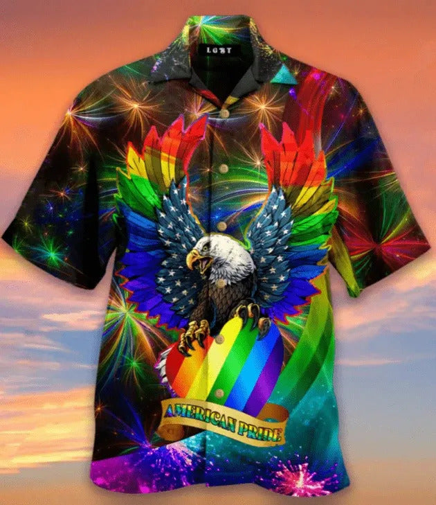 Unifinz LGBT Hawaiian Shirt LGBT Rainbow Color Eagle American Pride Hawaii Shirt LGBT Aloha Shirt 2022