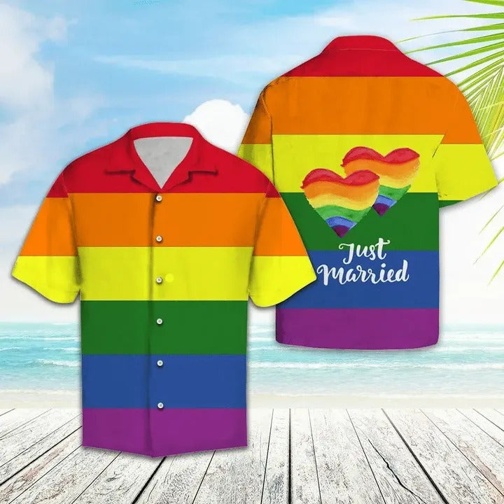 Unifinz LGBT Hawaiian Shirt LGBT Rainbow Color Just Married Hawaii Shirt LGBT Aloha Shirt 2022