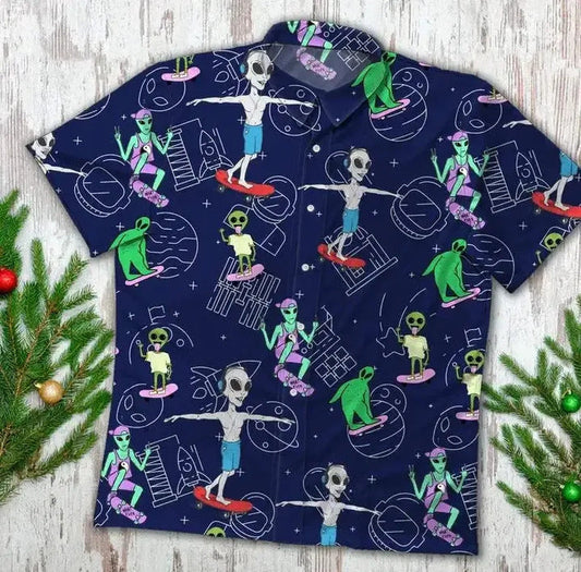 Unifinz Alien Hawaiian Shirt Alien Playing Skateboard Pattern Blue Hawaii Shirt Alien Aloha Shirt 2022