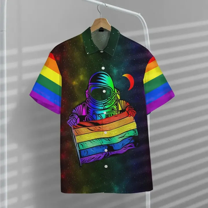 Unifinz LGBT Hawaiian Shirt Astronaut LGBT Rainbow Flag Galaxy Hawaii Shirt LGBT Aloha Shirt 2022